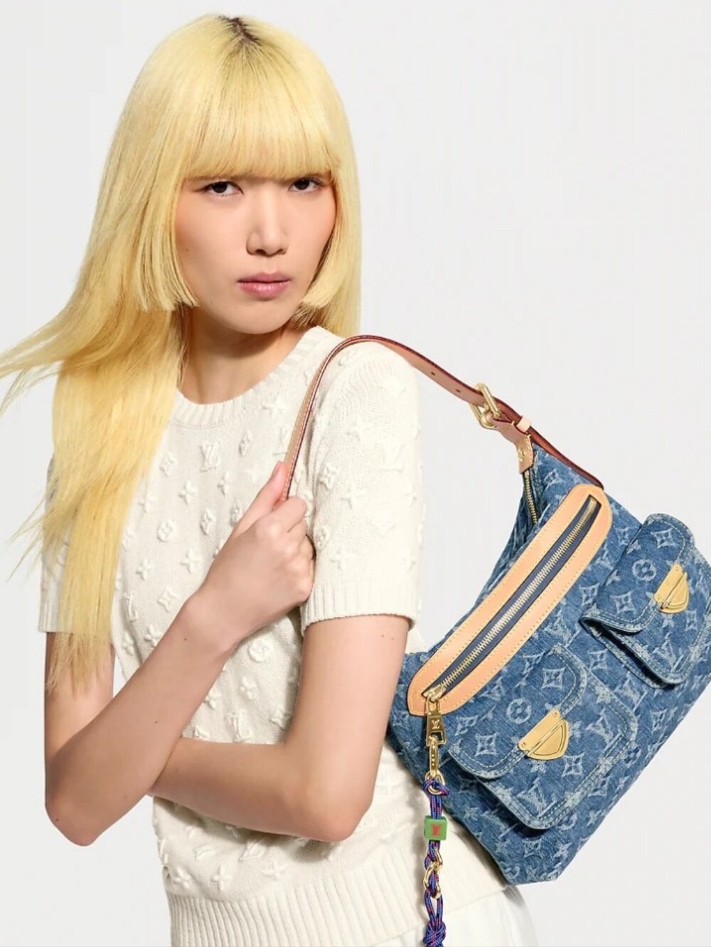 COPY Louis Vuitton Denim Monogram Shoulder Bag with Tan Trim